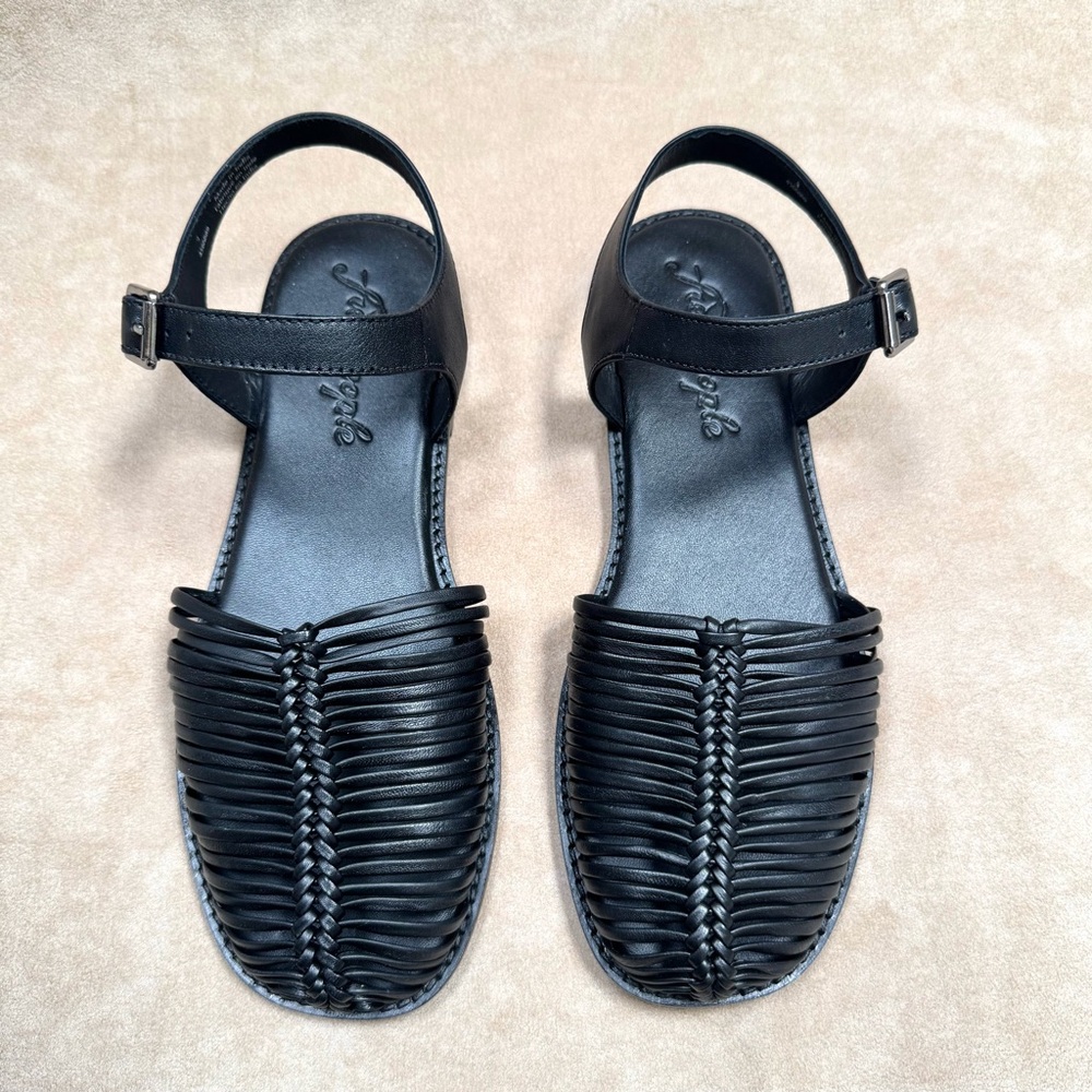 New Free People Frankie Fisher Flat Sandals Shoes Black Leather 9 39 - Picture 5 of 12